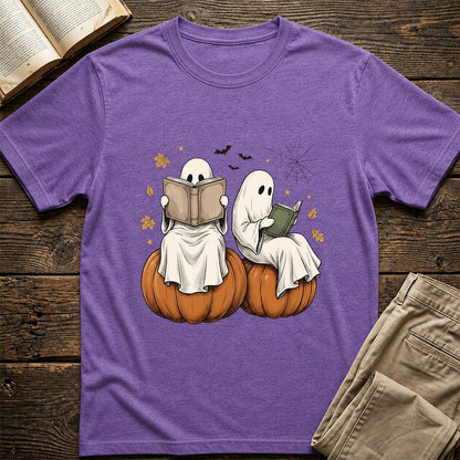 Small Ghosts Reading on Pumpkins Printed T-Shirt | Spooky Book Lover Gift Heather Purple