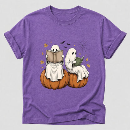 Small Ghosts Reading on Pumpkins Printed T-Shirt | Spooky Book Lover Gift Heather Purple
