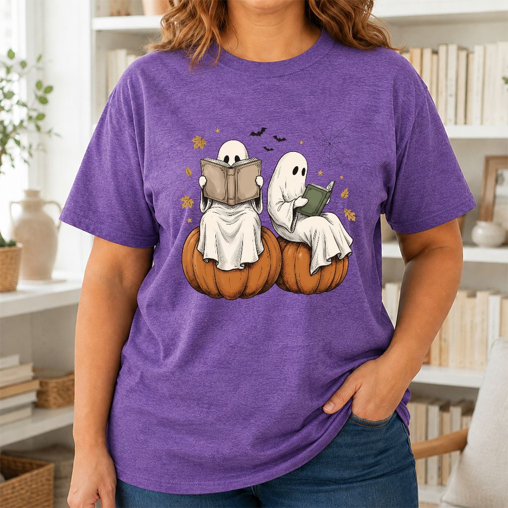 Small Ghosts Reading on Pumpkins Printed T-Shirt | Spooky Book Lover Gift Heather Purple
