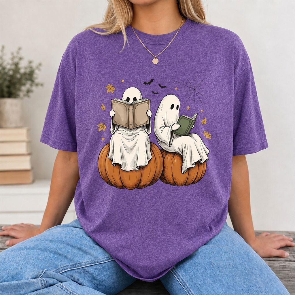 Small Ghosts Reading on Pumpkins Printed T-Shirt | Spooky Book Lover Gift Heather Purple
