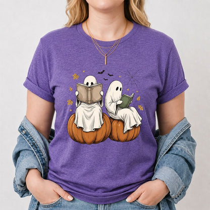 Small Ghosts Reading on Pumpkins Printed T-Shirt | Spooky Book Lover Gift Heather Purple
