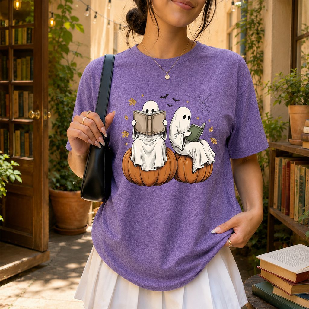 Small Ghosts Reading on Pumpkins Printed T-Shirt | Spooky Book Lover Gift Heather Purple