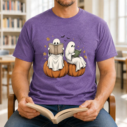 Small Ghosts Reading on Pumpkins Printed T-Shirt | Spooky Book Lover Gift Heather Purple