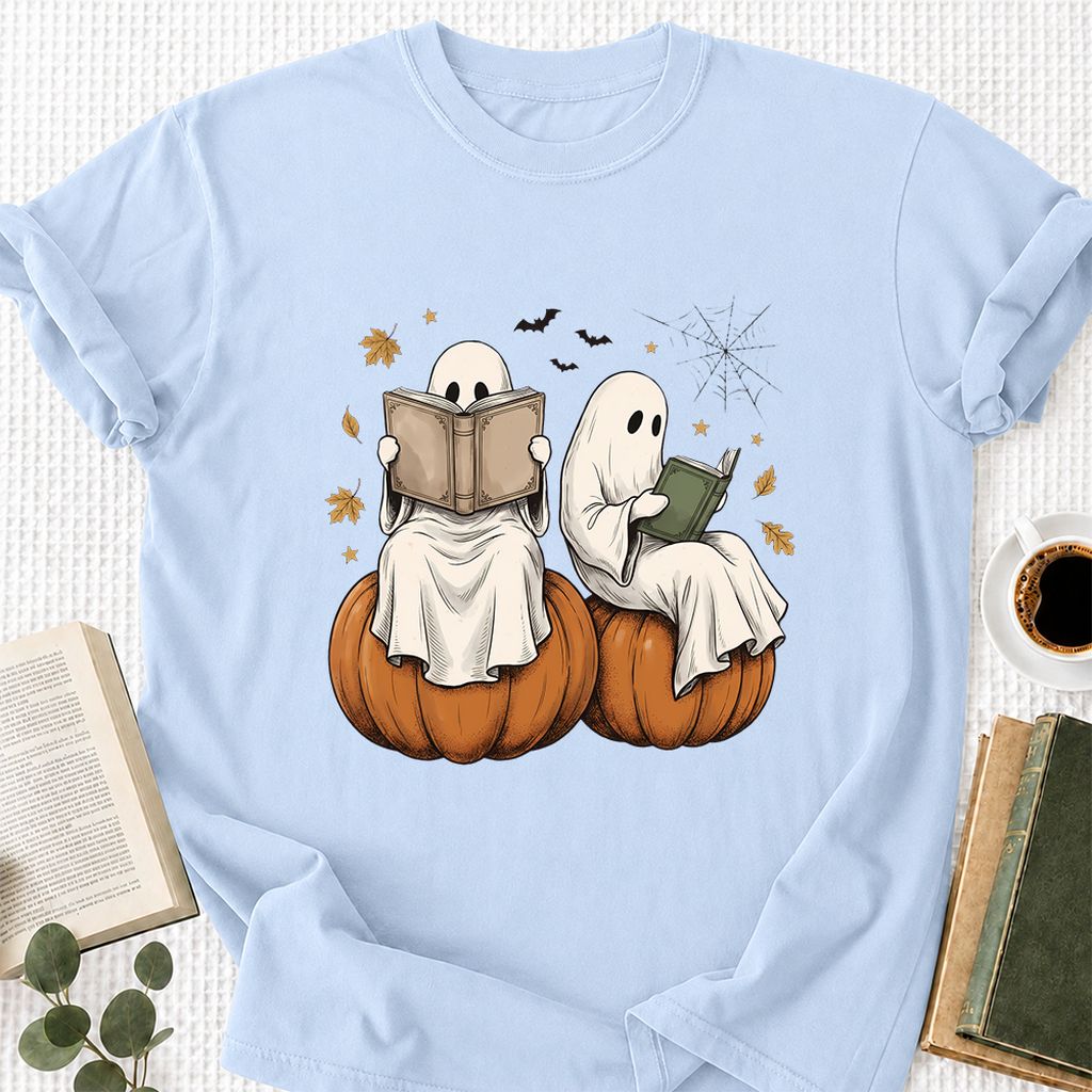 Small Ghosts Reading on Pumpkins Printed T-Shirt | Spooky Book Lover Gift Light Blue