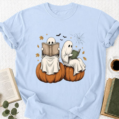 Small Ghosts Reading on Pumpkins Printed T-Shirt | Spooky Book Lover Gift Light Blue
