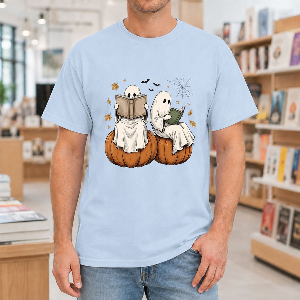 Small Ghosts Reading on Pumpkins Printed T-Shirt | Spooky Book Lover Gift Light Blue