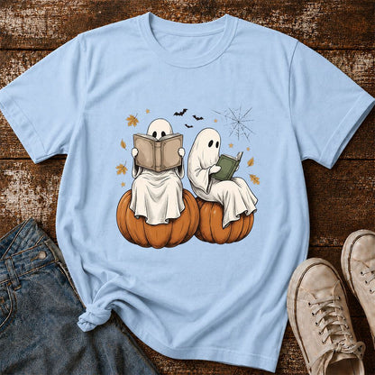 Small Ghosts Reading on Pumpkins Printed T-Shirt | Spooky Book Lover Gift Light Blue