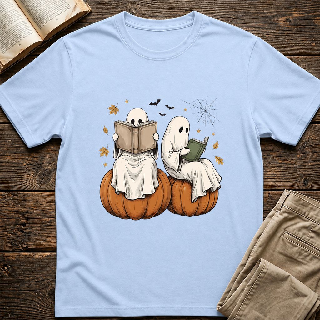 Small Ghosts Reading on Pumpkins Printed T-Shirt | Spooky Book Lover Gift Light Blue