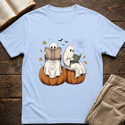 Small Ghosts Reading on Pumpkins Printed T-Shirt | Spooky Book Lover Gift Light Blue