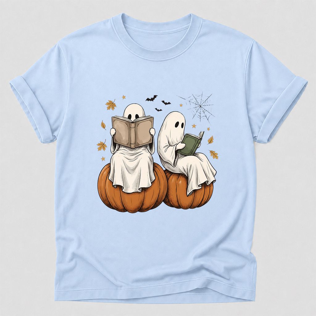 Small Ghosts Reading on Pumpkins Printed T-Shirt | Spooky Book Lover Gift Light Blue
