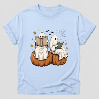 Small Ghosts Reading on Pumpkins Printed T-Shirt | Spooky Book Lover Gift Light Blue