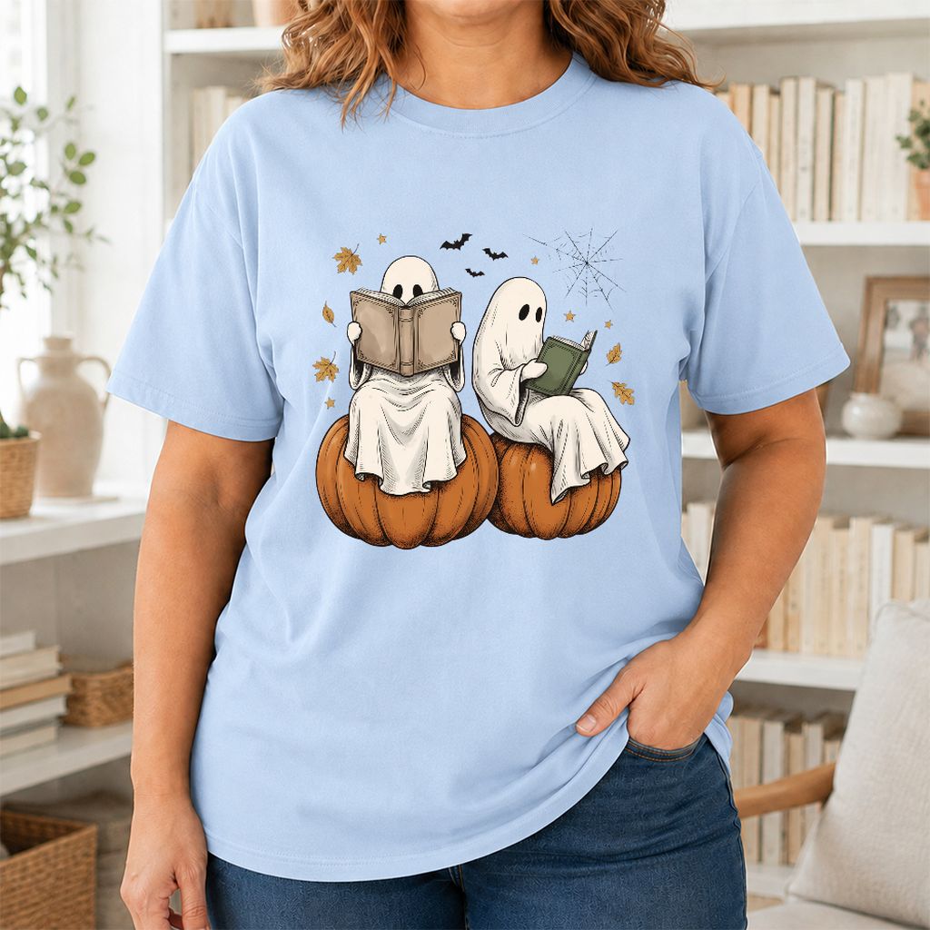 Small Ghosts Reading on Pumpkins Printed T-Shirt | Spooky Book Lover Gift Light Blue