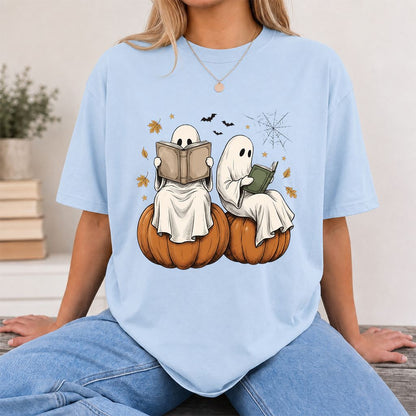 Small Ghosts Reading on Pumpkins Printed T-Shirt | Spooky Book Lover Gift Light Blue