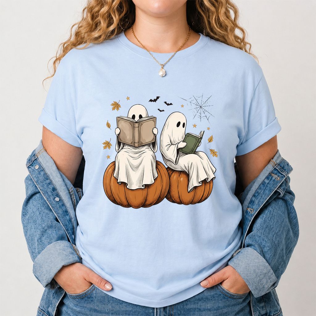 Small Ghosts Reading on Pumpkins Printed T-Shirt | Spooky Book Lover Gift Light Blue