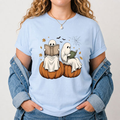 Small Ghosts Reading on Pumpkins Printed T-Shirt | Spooky Book Lover Gift Light Blue
