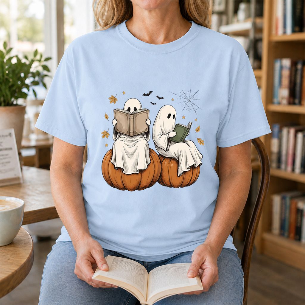 Small Ghosts Reading on Pumpkins Printed T-Shirt | Spooky Book Lover Gift Light Blue