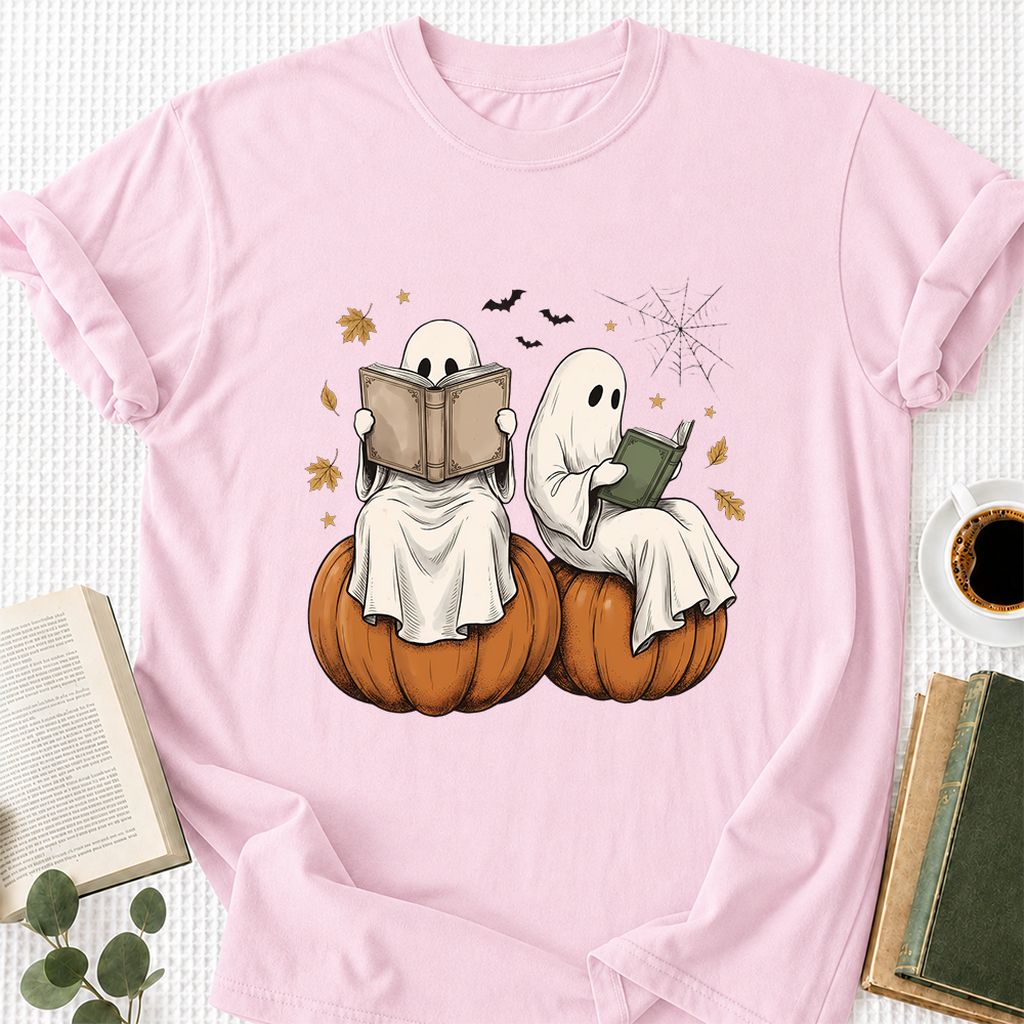 Small Ghosts Reading on Pumpkins Printed T-Shirt | Spooky Book Lover Gift Light Pink