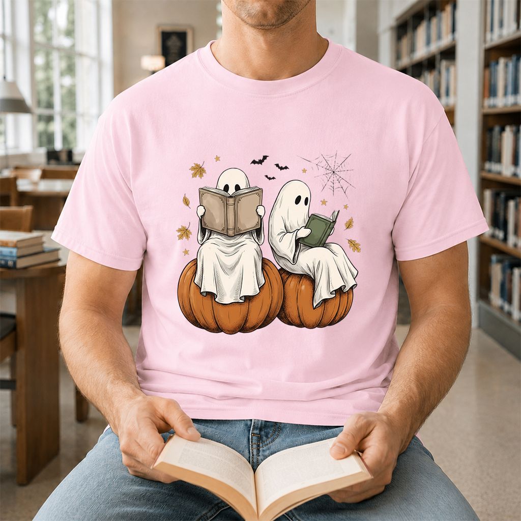 Small Ghosts Reading on Pumpkins Printed T-Shirt | Spooky Book Lover Gift Light Pink