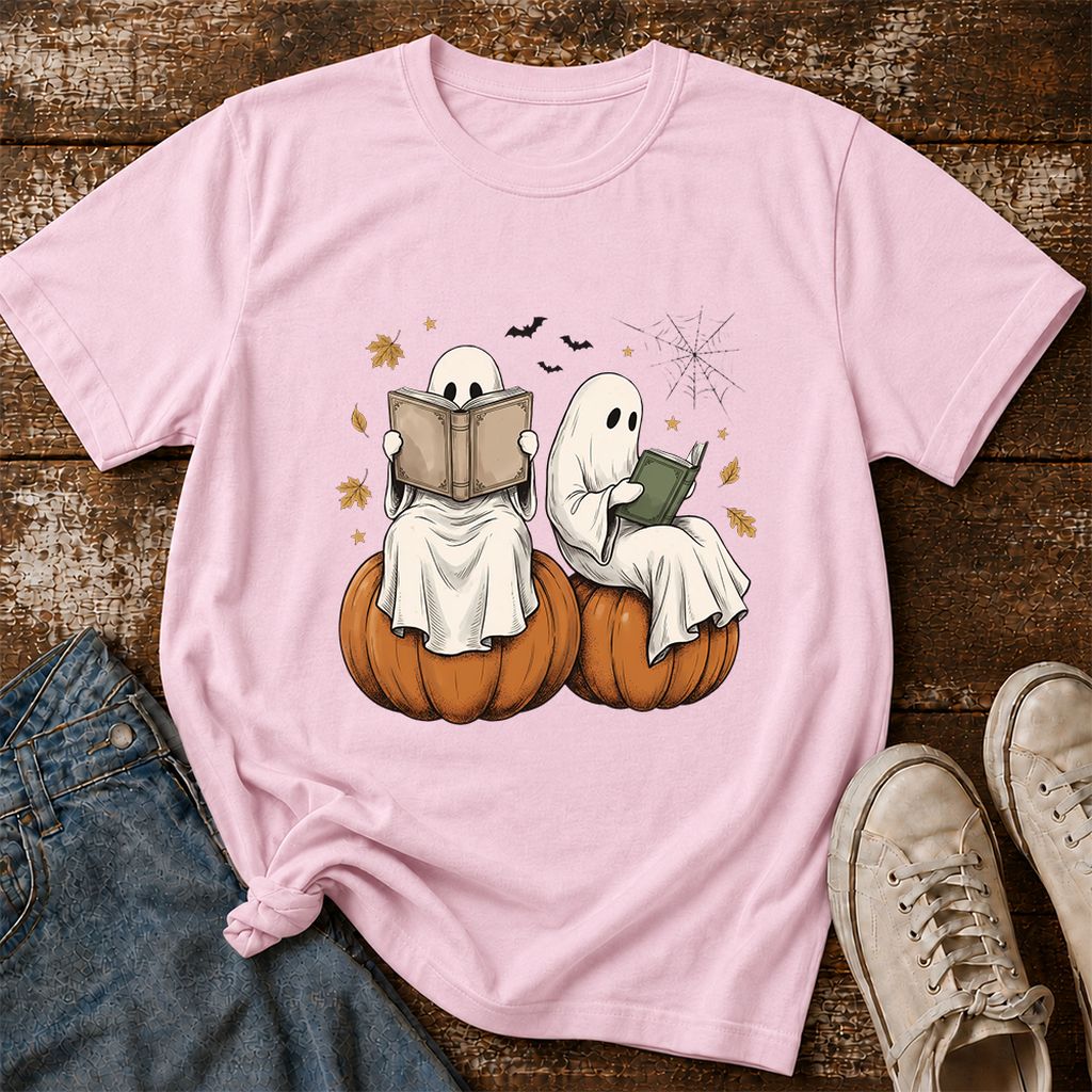 Small Ghosts Reading on Pumpkins Printed T-Shirt | Spooky Book Lover Gift Light Pink