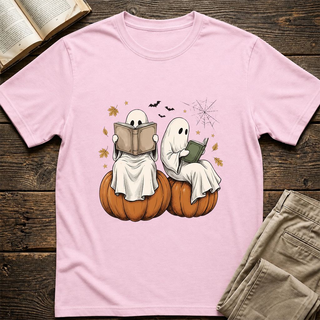 Small Ghosts Reading on Pumpkins Printed T-Shirt | Spooky Book Lover Gift Light Pink