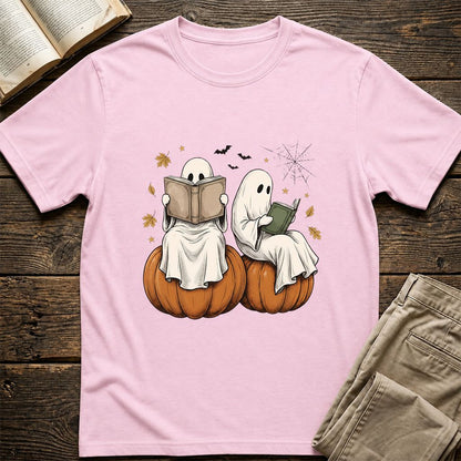 Small Ghosts Reading on Pumpkins Printed T-Shirt | Spooky Book Lover Gift Light Pink