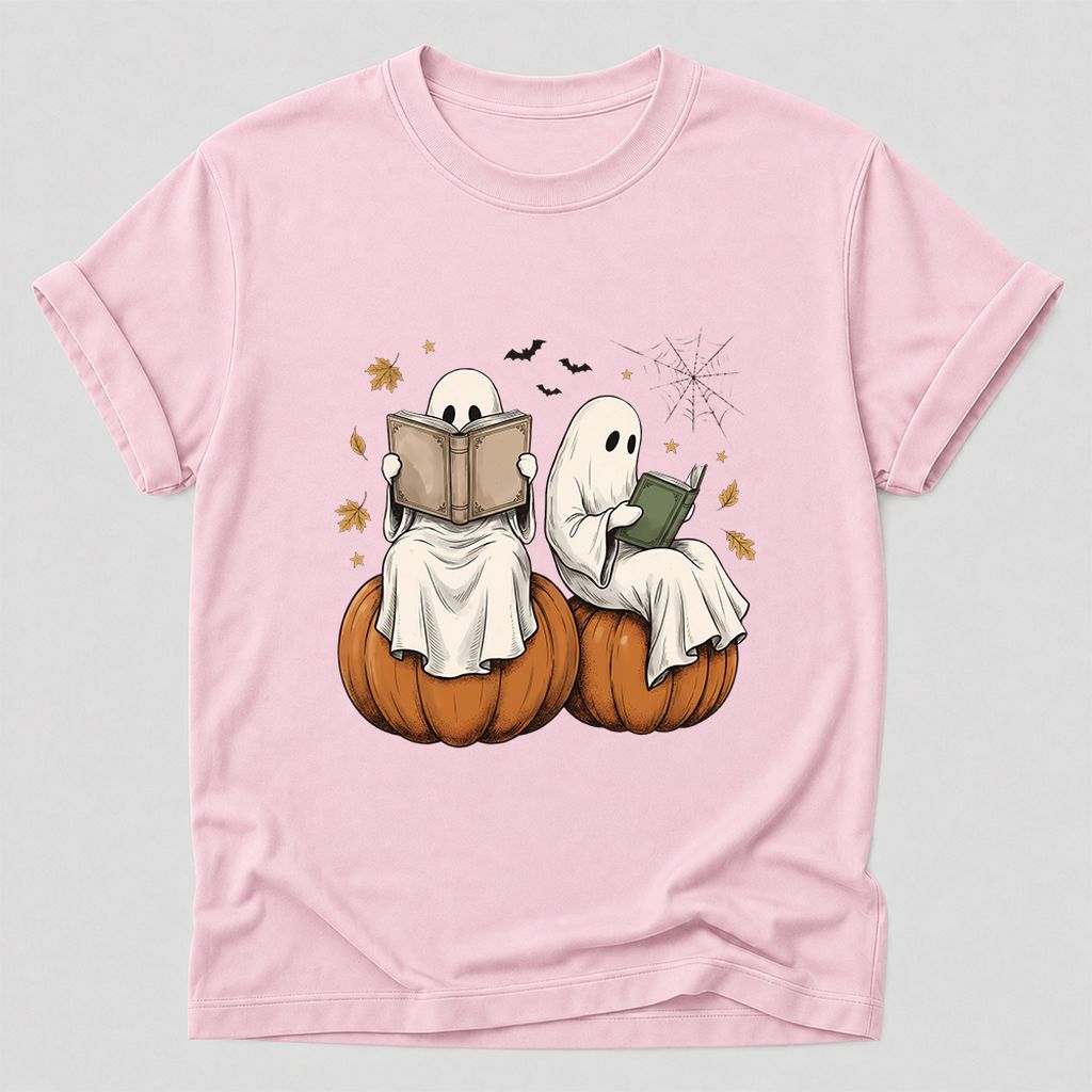 Small Ghosts Reading on Pumpkins Printed T-Shirt | Spooky Book Lover Gift Light Pink