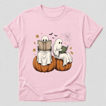 Small Ghosts Reading on Pumpkins Printed T-Shirt | Spooky Book Lover Gift Light Pink