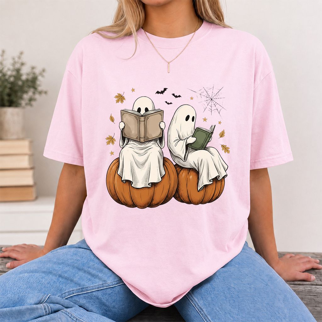 Small Ghosts Reading on Pumpkins Printed T-Shirt | Spooky Book Lover Gift Light Pink