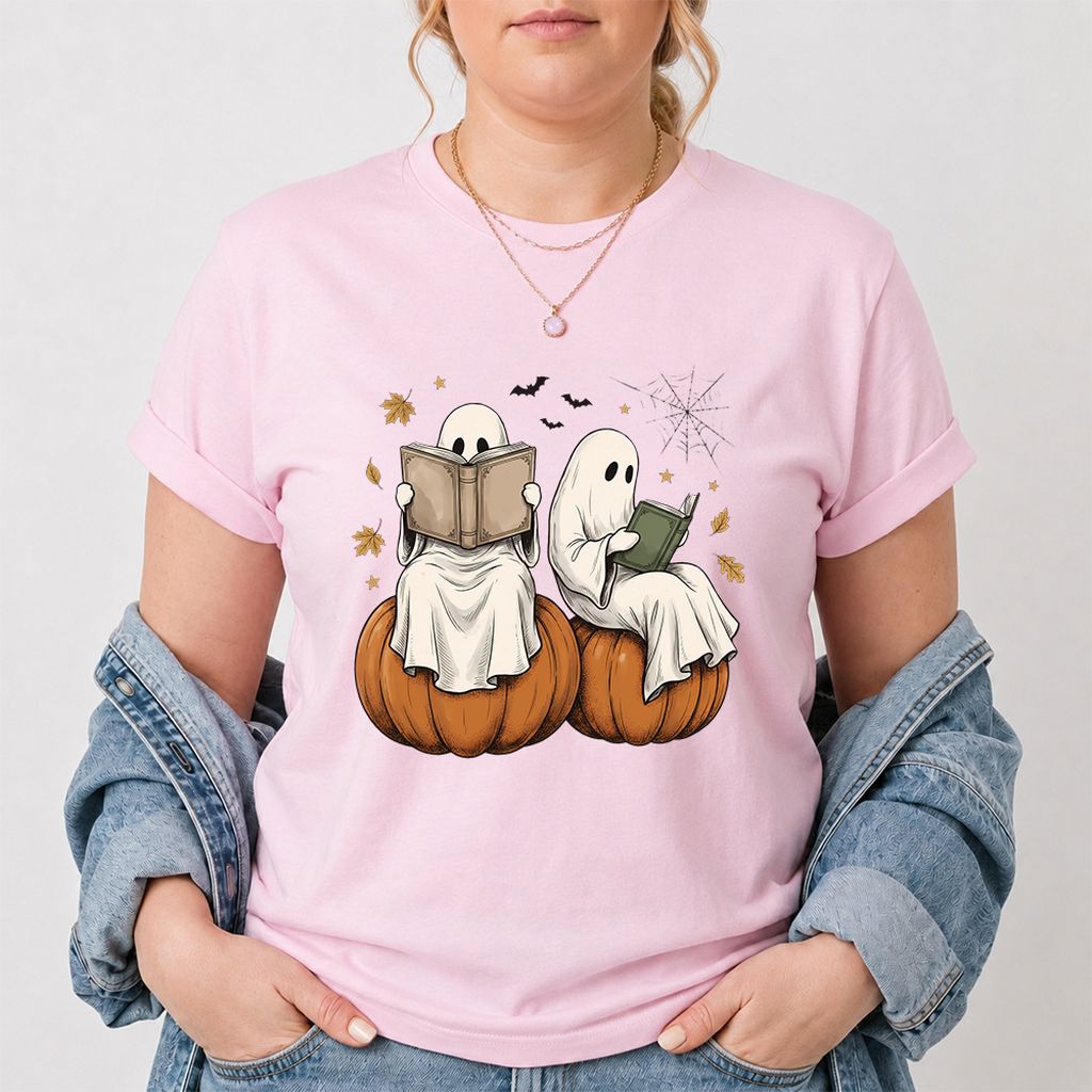 Small Ghosts Reading on Pumpkins Printed T-Shirt | Spooky Book Lover Gift Light Pink