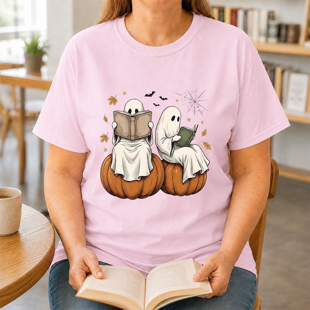 Small Ghosts Reading on Pumpkins Printed T-Shirt | Spooky Book Lover Gift Light Pink