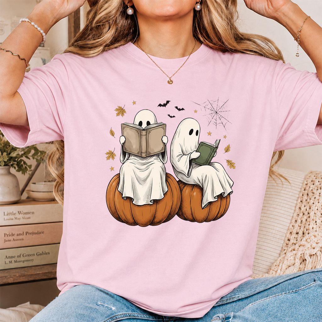 Small Ghosts Reading on Pumpkins Printed T-Shirt | Spooky Book Lover Gift Light Pink
