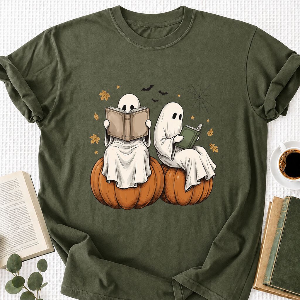 Small Ghosts Reading on Pumpkins Printed T-Shirt | Spooky Book Lover Gift Military Green