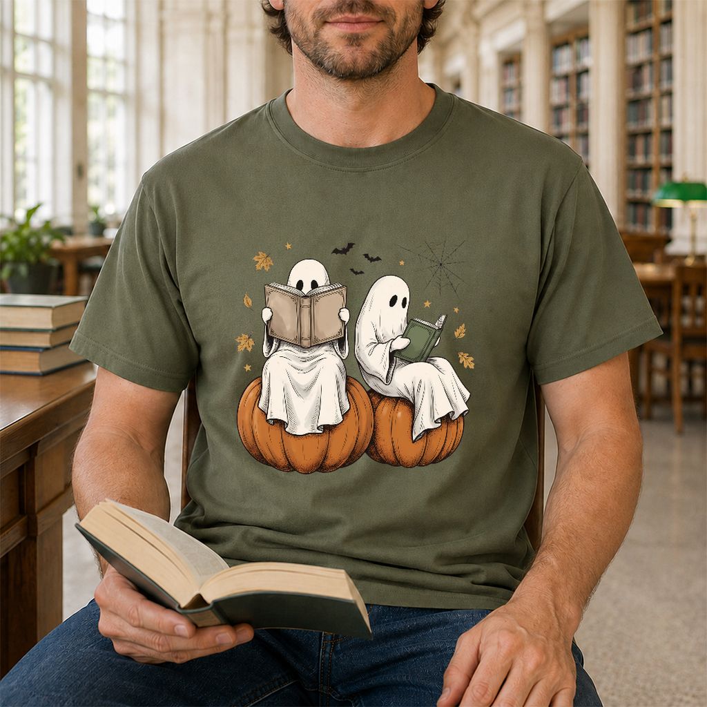 Small Ghosts Reading on Pumpkins Printed T-Shirt | Spooky Book Lover Gift Military Green
