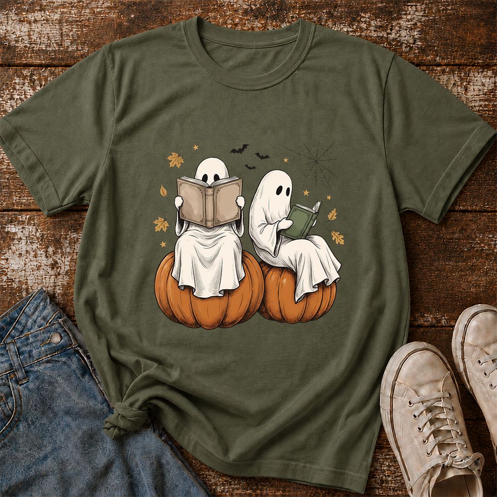 Small Ghosts Reading on Pumpkins Printed T-Shirt | Spooky Book Lover Gift Military Green