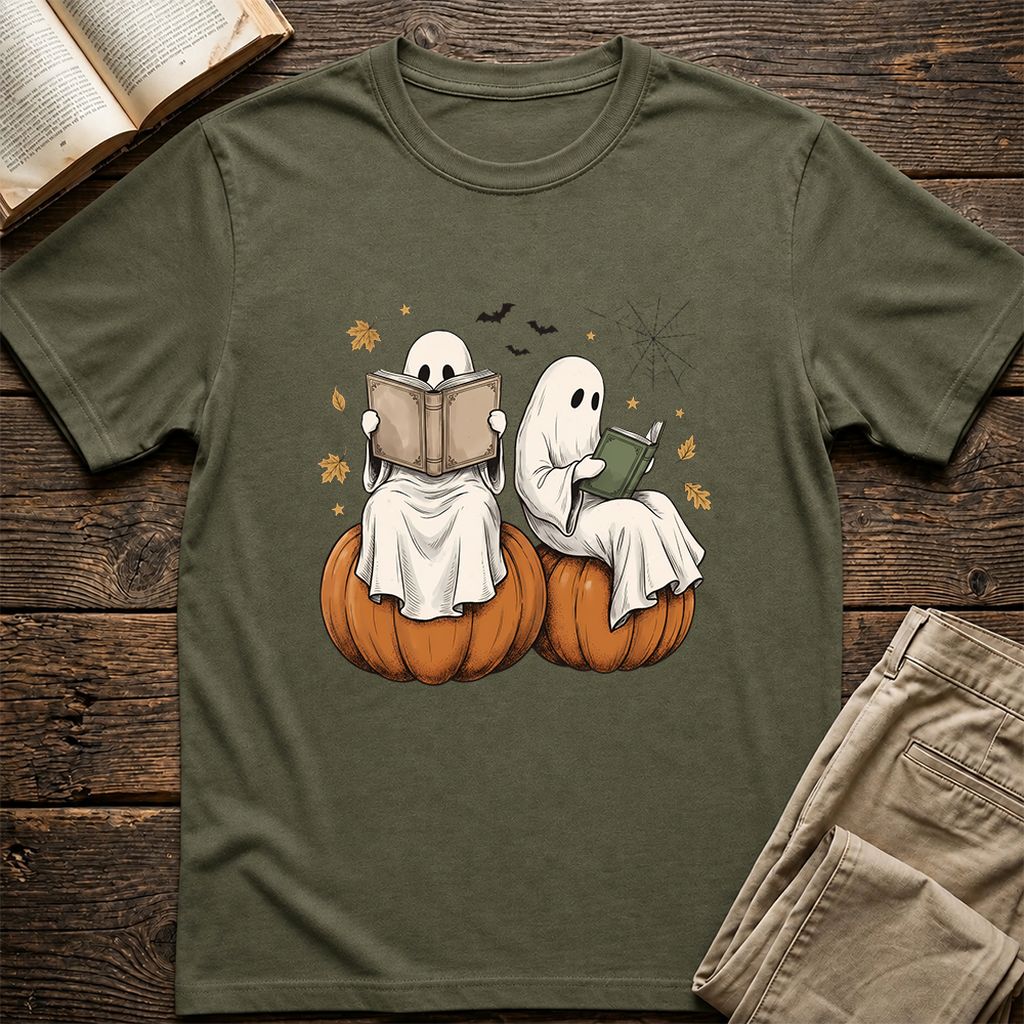 Small Ghosts Reading on Pumpkins Printed T-Shirt | Spooky Book Lover Gift Military Green