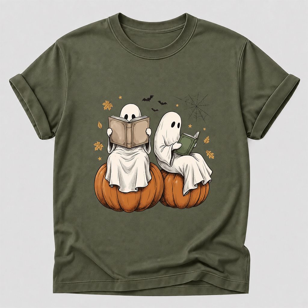 Small Ghosts Reading on Pumpkins Printed T-Shirt | Spooky Book Lover Gift Military Green