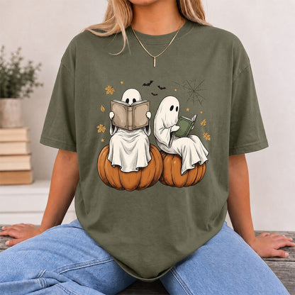 Small Ghosts Reading on Pumpkins Printed T-Shirt | Spooky Book Lover Gift Military Green
