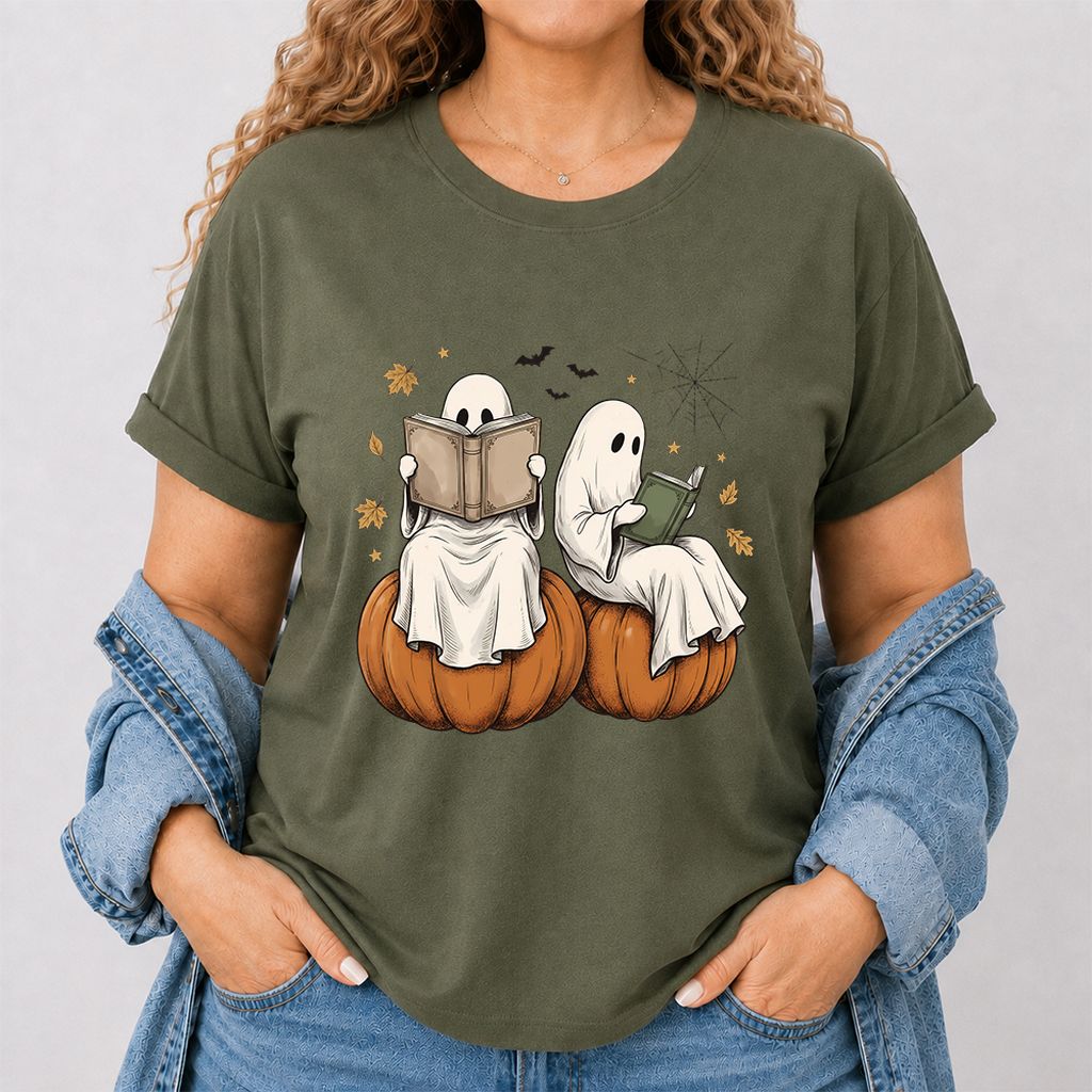 Small Ghosts Reading on Pumpkins Printed T-Shirt | Spooky Book Lover Gift Military Green