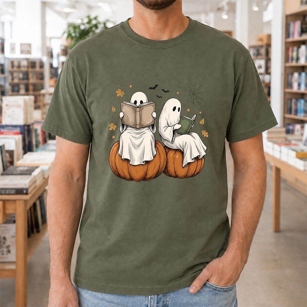 Small Ghosts Reading on Pumpkins Printed T-Shirt | Spooky Book Lover Gift Military Green