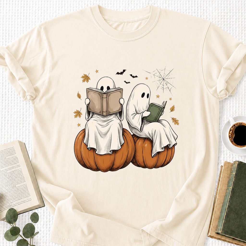 Small Ghosts Reading on Pumpkins Printed T-Shirt | Spooky Book Lover Gift Natural