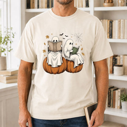 Small Ghosts Reading on Pumpkins Printed T-Shirt | Spooky Book Lover Gift Natural