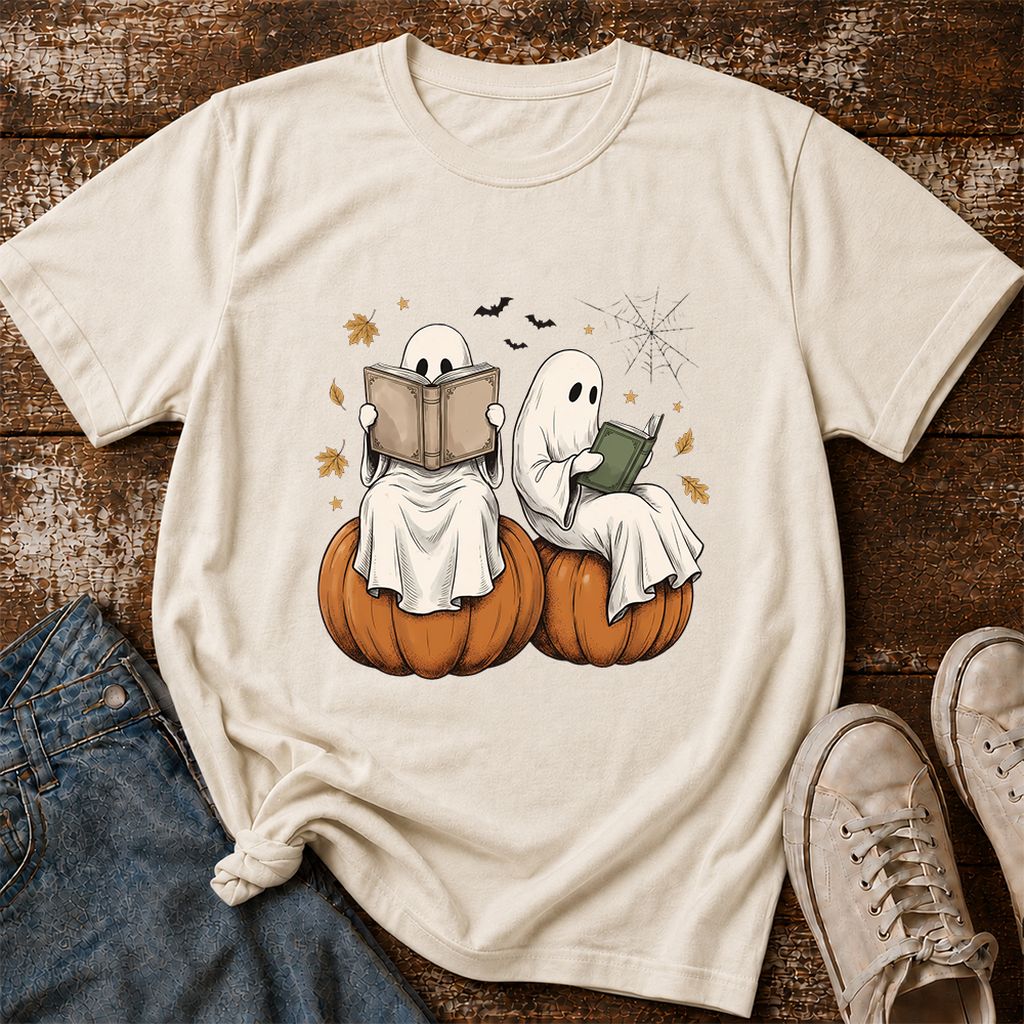 Small Ghosts Reading on Pumpkins Printed T-Shirt | Spooky Book Lover Gift Natural