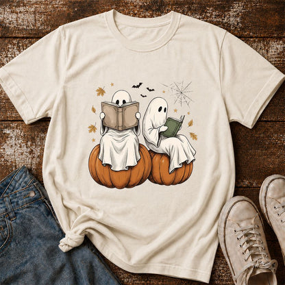 Small Ghosts Reading on Pumpkins Printed T-Shirt | Spooky Book Lover Gift Natural