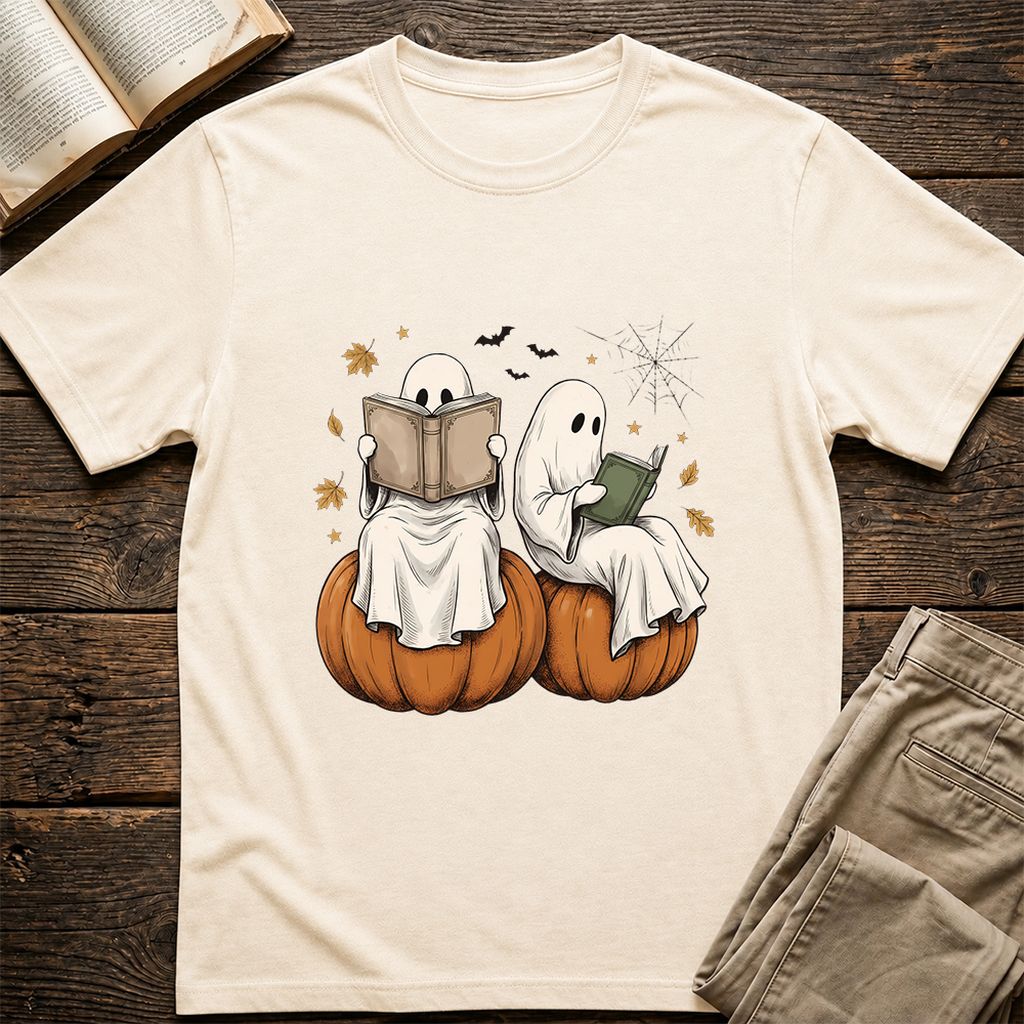 Small Ghosts Reading on Pumpkins Printed T-Shirt | Spooky Book Lover Gift Natural