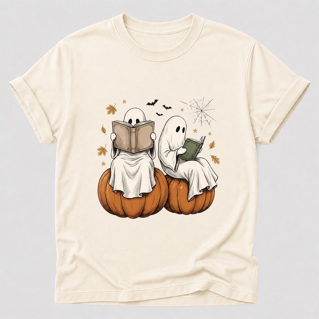 Small Ghosts Reading on Pumpkins Printed T-Shirt | Spooky Book Lover Gift Natural
