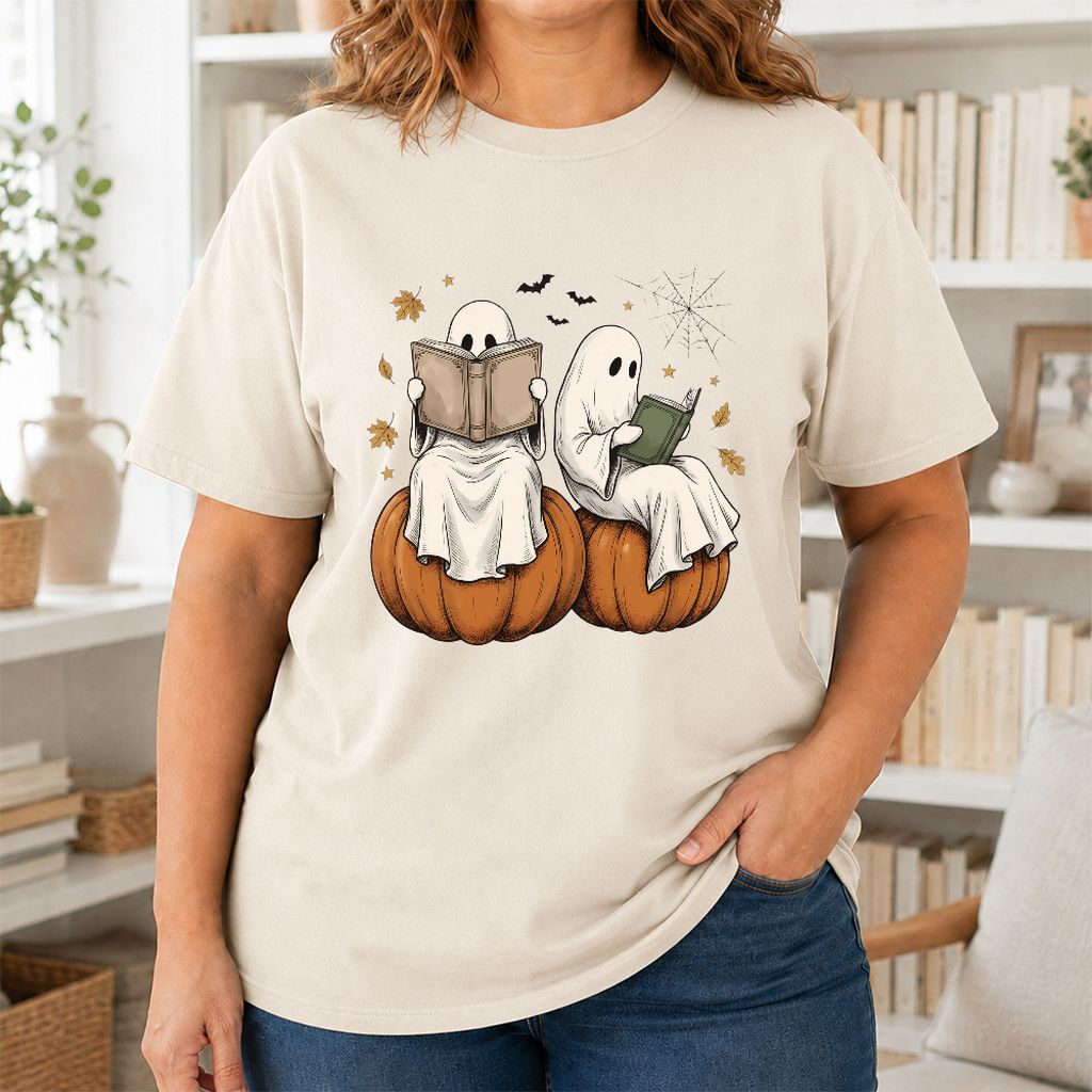 Small Ghosts Reading on Pumpkins Printed T-Shirt | Spooky Book Lover Gift Natural
