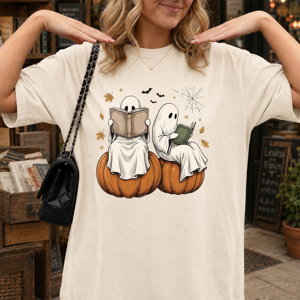 Small Ghosts Reading on Pumpkins Printed T-Shirt | Spooky Book Lover Gift Natural