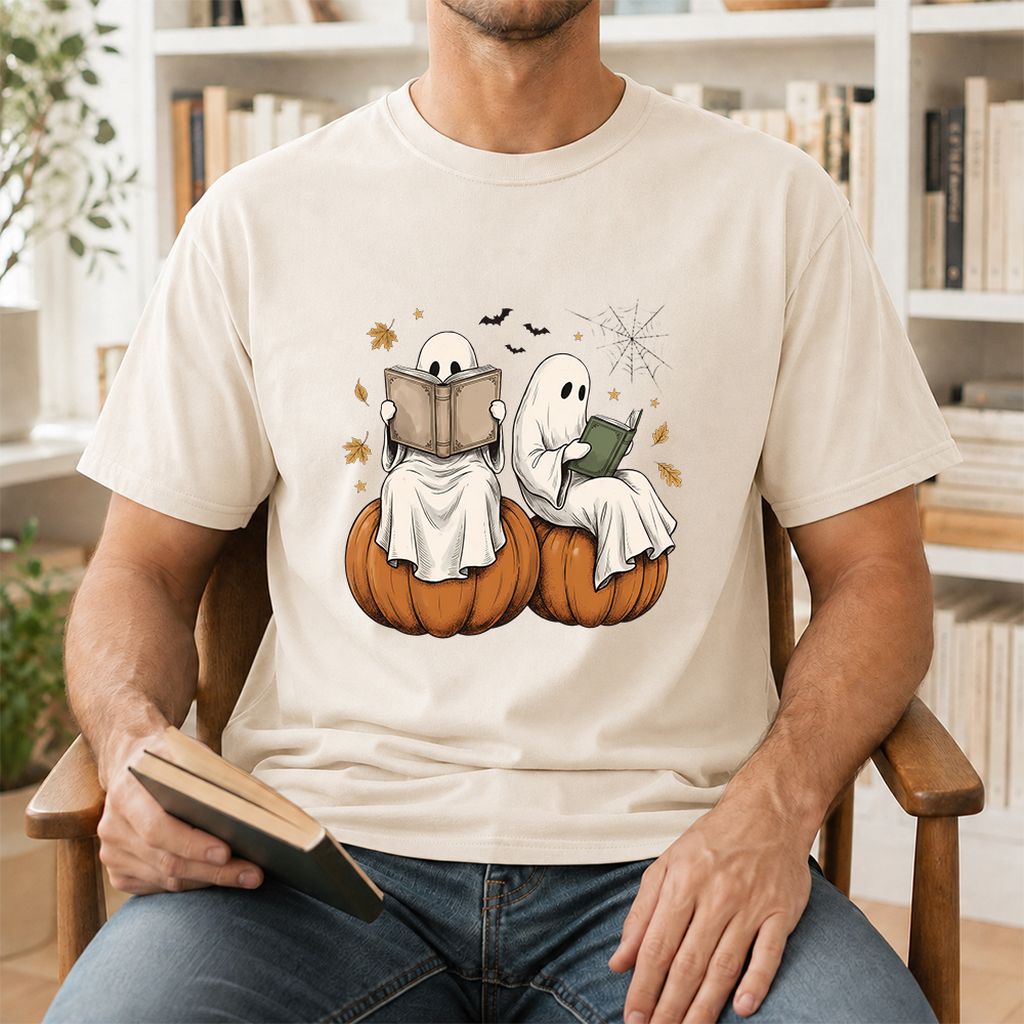 Small Ghosts Reading on Pumpkins Printed T-Shirt | Spooky Book Lover Gift Natural