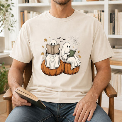 Small Ghosts Reading on Pumpkins Printed T-Shirt | Spooky Book Lover Gift Natural