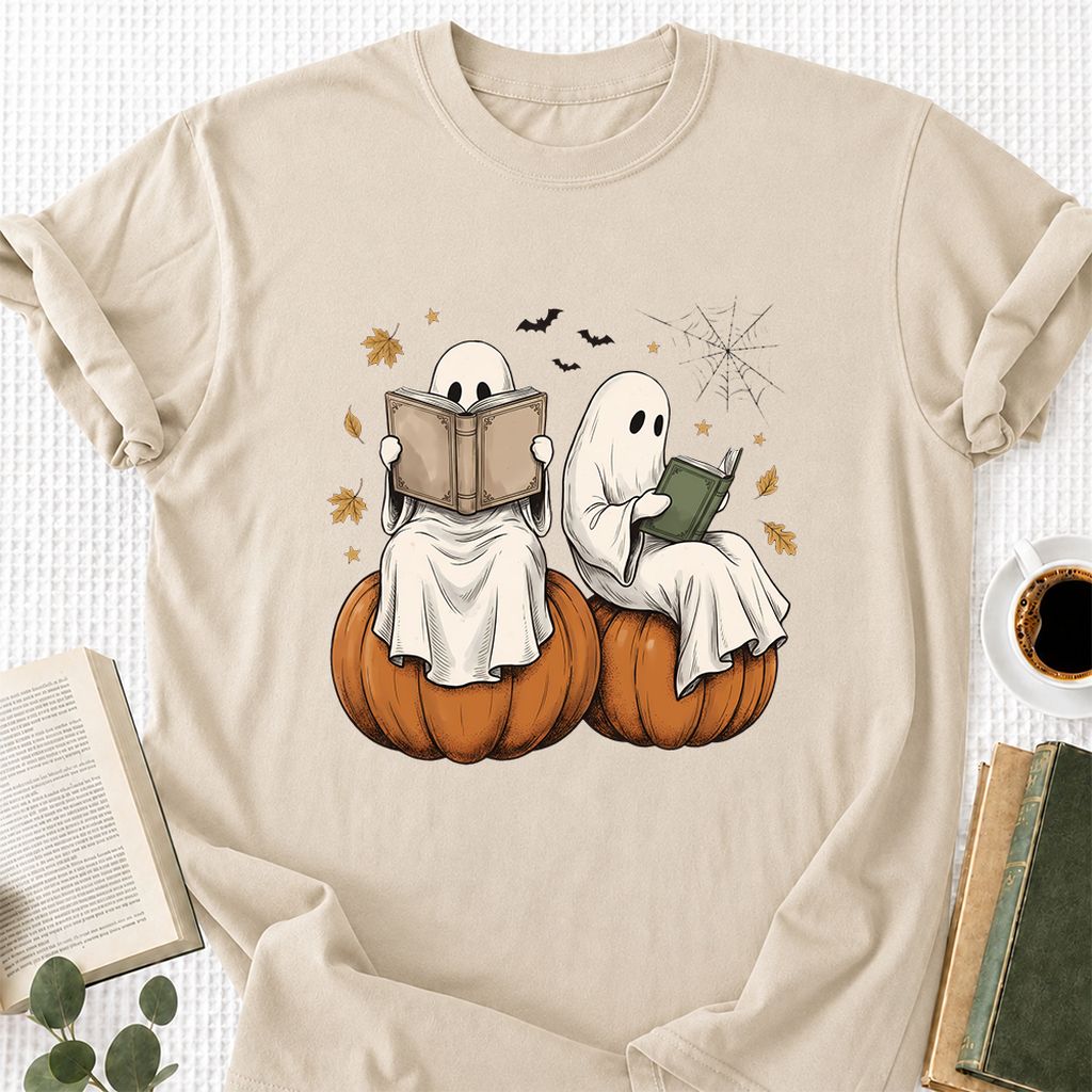 Small Ghosts Reading on Pumpkins Printed T-Shirt | Spooky Book Lover Gift Sand